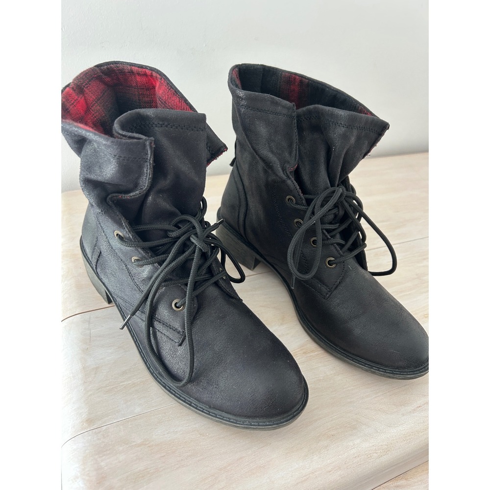 Mudd Women Black Plaid Lined Combat Ankle Boots Fold Over Lace Up MDSOPRANO 9.5M